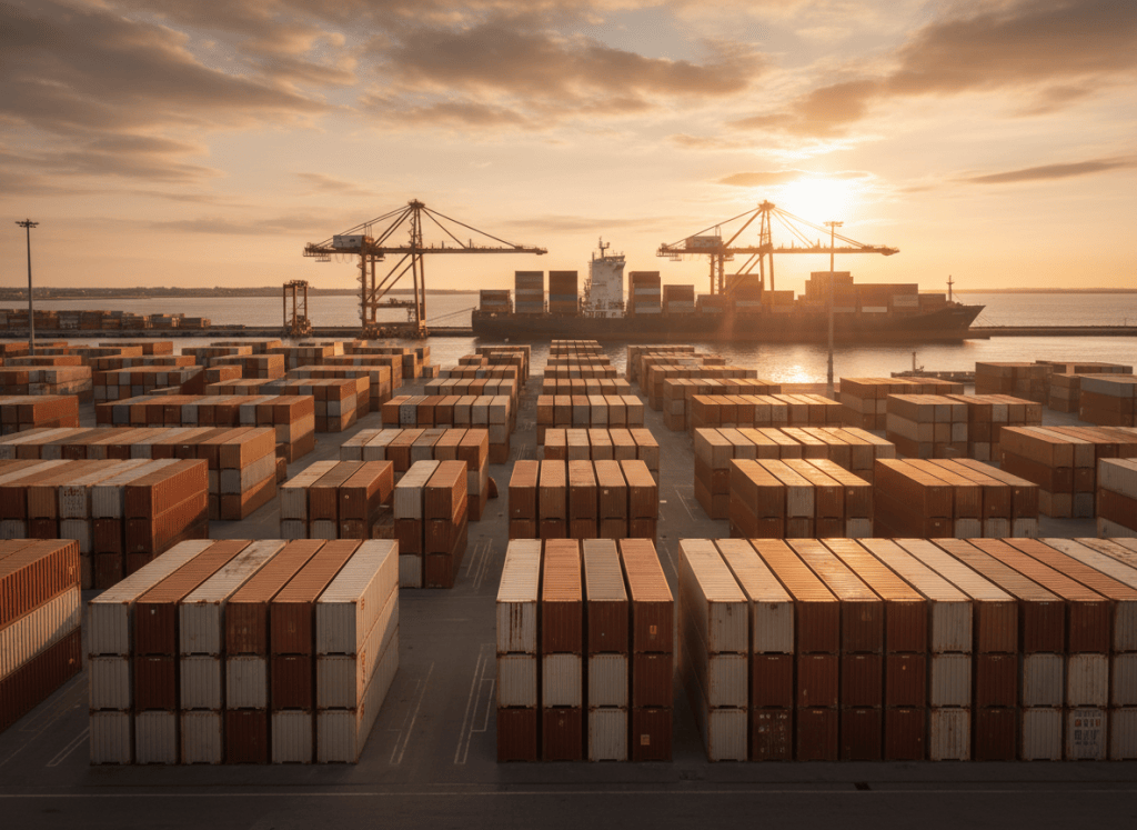 Contenedores de carga en un puerto al atardecer