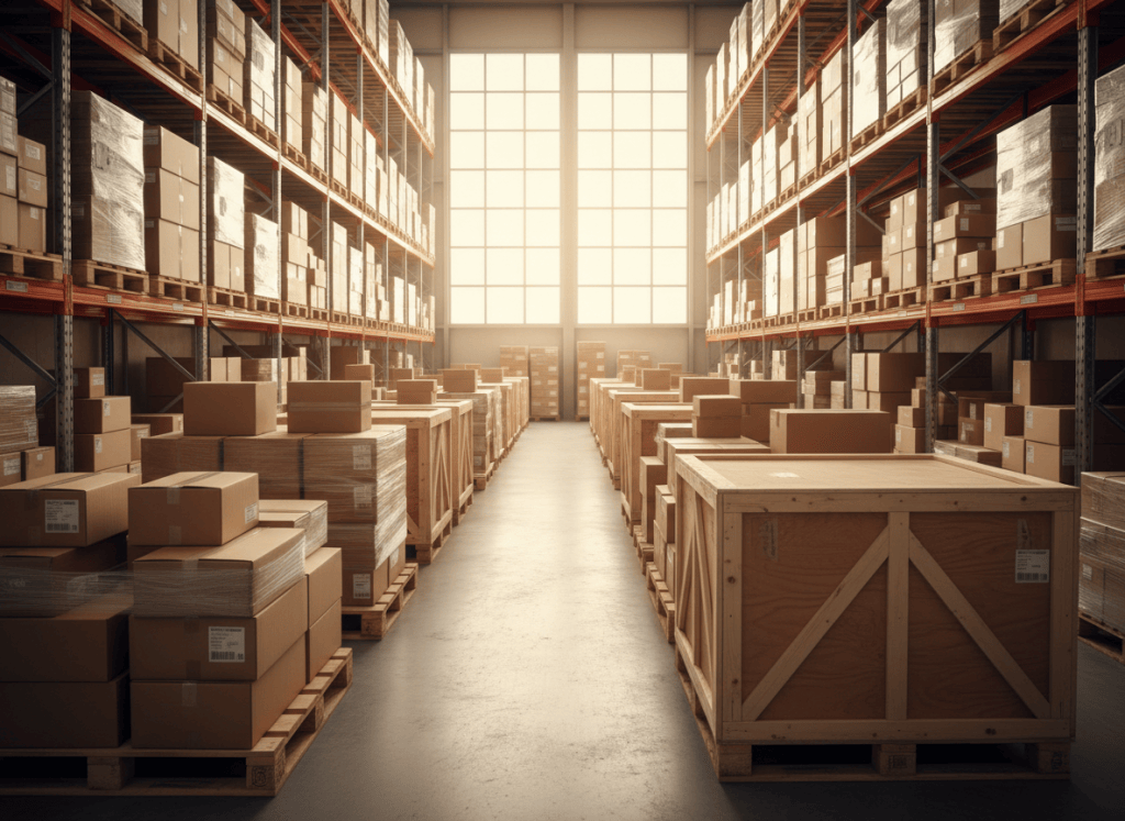 Bodega con cajas y tarimas de mercadería importada