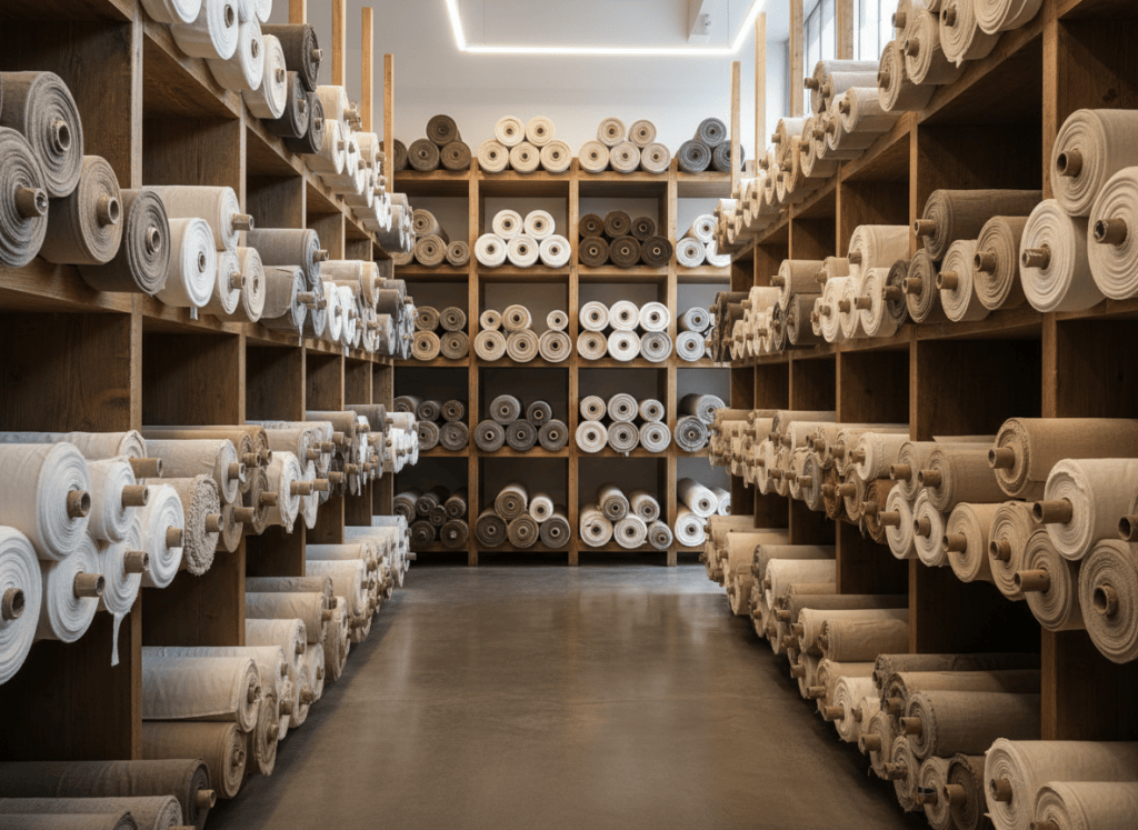 Rollos de tela en tonos neutros en estantes de madera